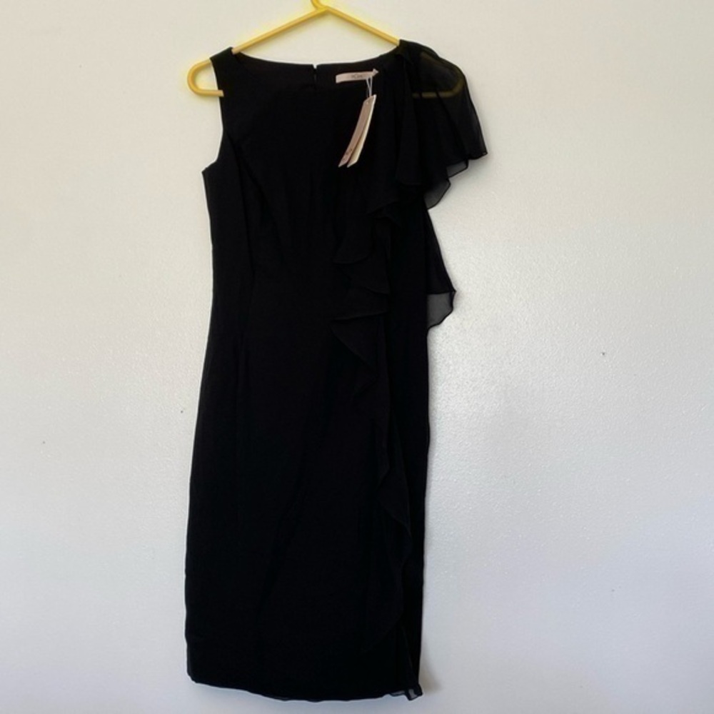 BGN black side ruffle lined stunning 100% silk sleeveless dress back zip button
